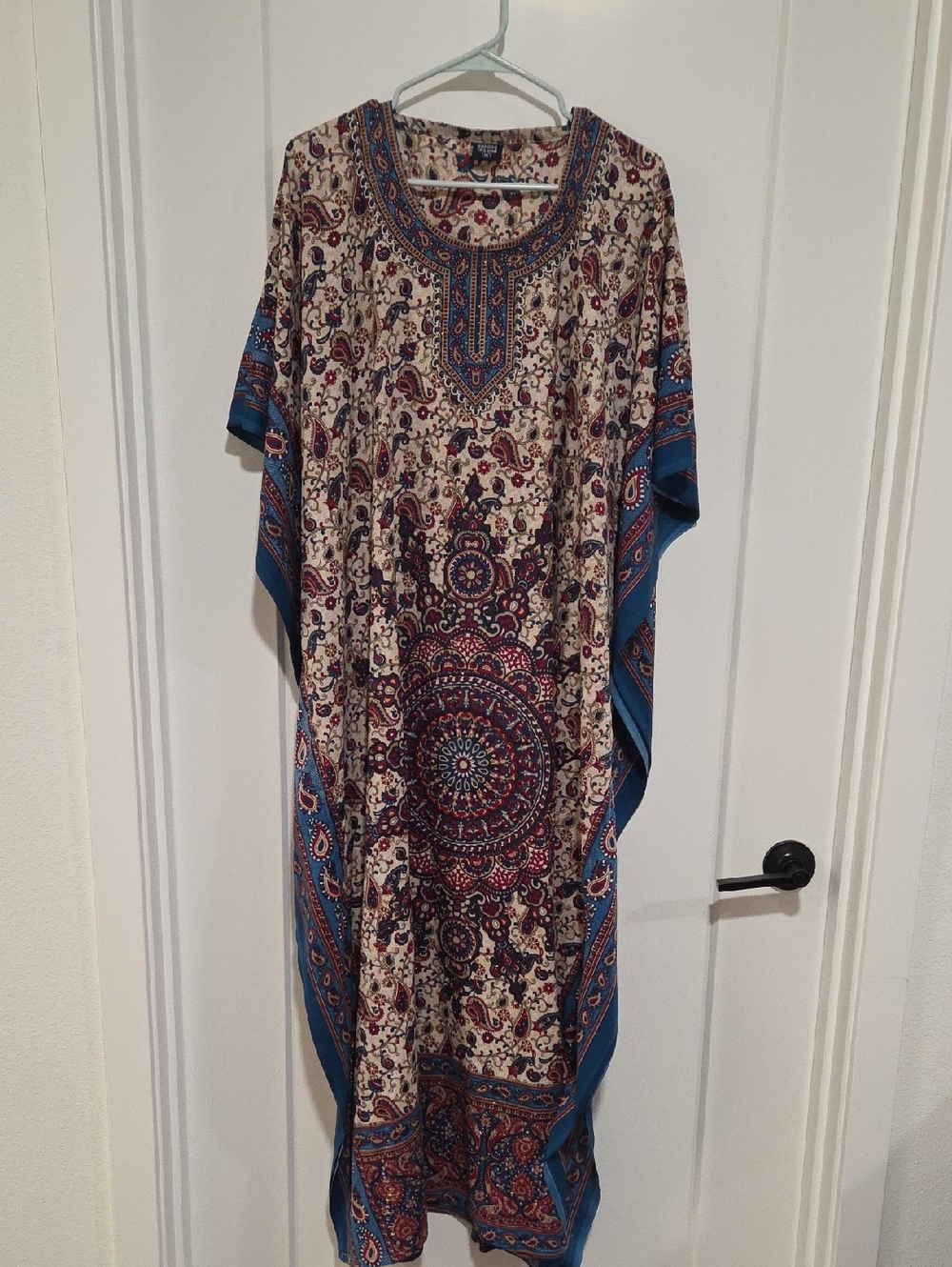 Bohemian Mandala Print Caftan Dress in Blue & Cream